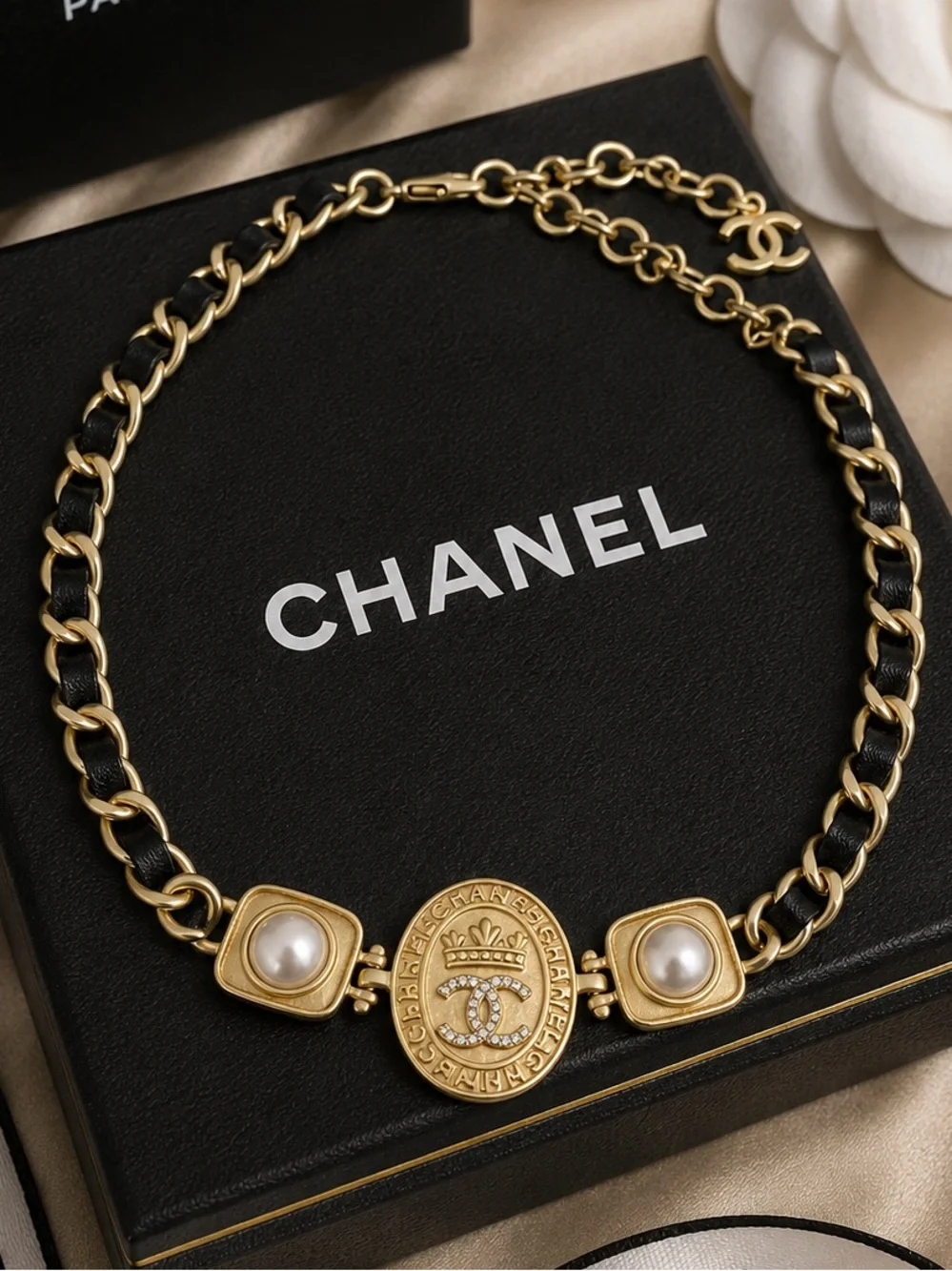 Gold and Pearl CC Medallion Chain Necklace